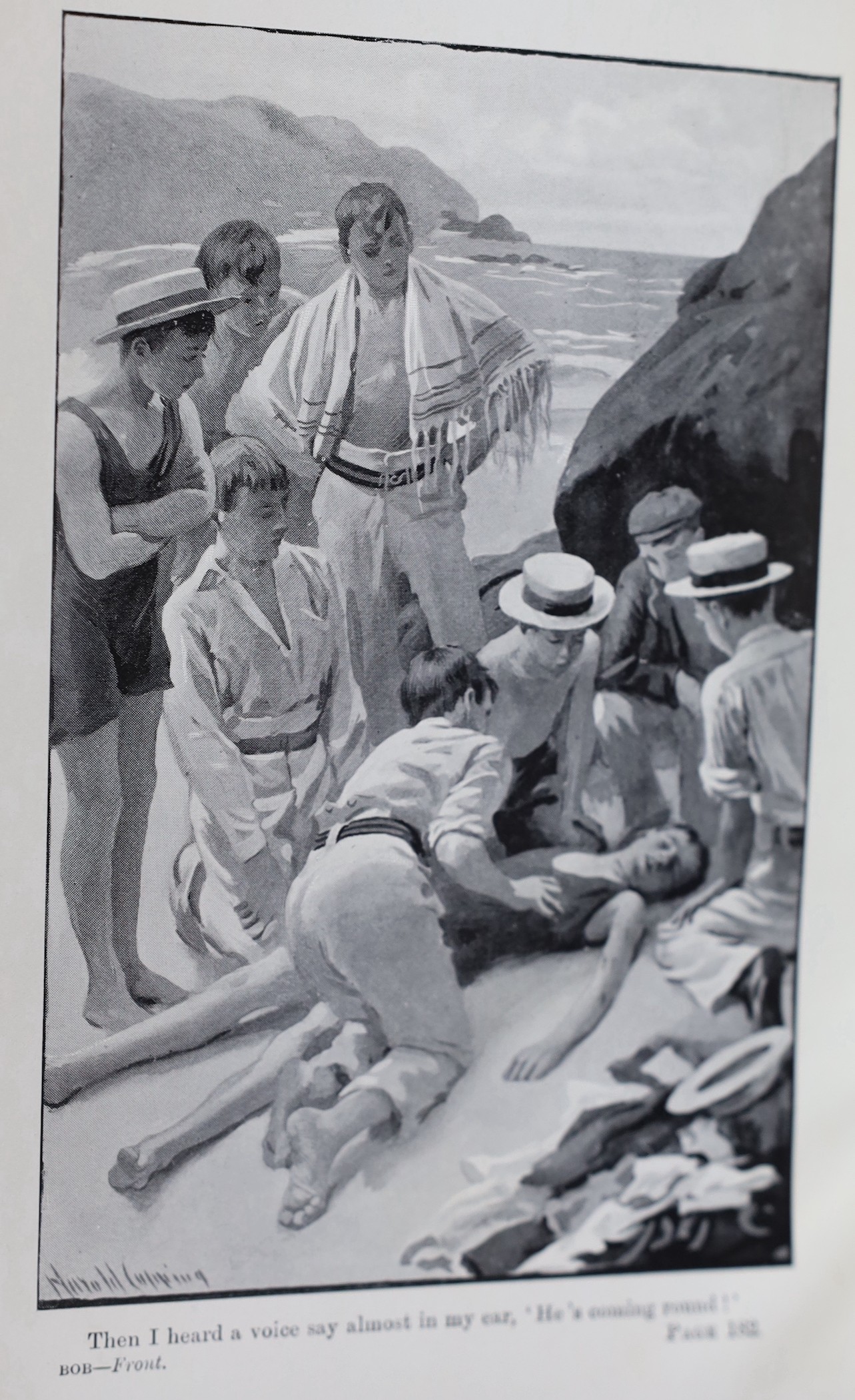 Original Artwork - Harold Copping (1863-1932) - A full set of six en grisaille illustrations for Bravo Bob, by Andrew Hone, signed, 30 x 19cms., framed, together with a copy the book, 1909